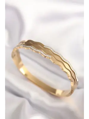 316L Çelik Zikzak Model Gold Renk Kadın Kelepçe Bilezik
