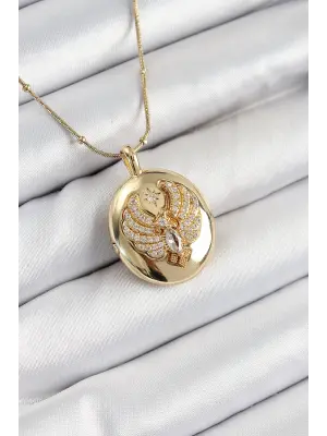 316L Çelik Zincir Açılabilir Anka Kuşu Model Zirkon Taşlı Gold Renk Kadın Kolye