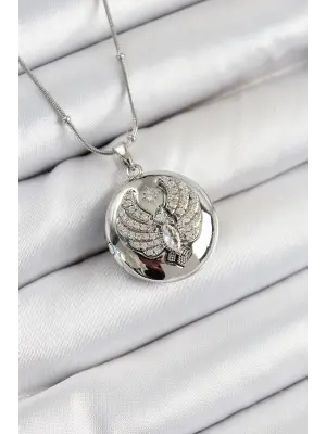 316L Çelik Zincir Açılabilir Anka Kuşu Model Zirkon Taşlı Gümüş Renk Kadın Kolye