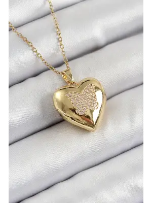316L Çelik Zincir Açılabilir Kelebek Figürlü Kalp Model Zirkon Taşlı Gold Renk Kadın Kolye