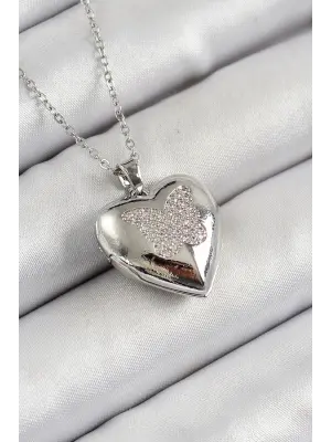 316L Çelik Zincir Açılabilir Kelebek Figürlü Kalp Model Zirkon Taşlı Gümüş Renk Kadın Kolye