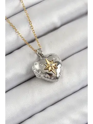 316L Çelik Zincir Açılabilir Kutup Yıldızı Figürlü Kalp Model Zirkon Taşlı Gold Ve Gümüş Renk Kadın Kolye