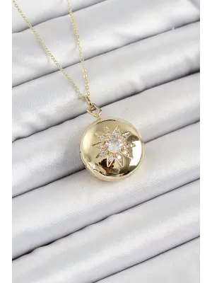 316L Çelik Zincir Açılabilir Madalyon Model Zirkon Taşlı Gold Renk Kadın Kolye