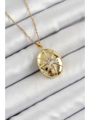 316L Çelik Zincir Açılabilir Madalyon Model Zirkon Taşlı Gold Renk Kadın Kolye