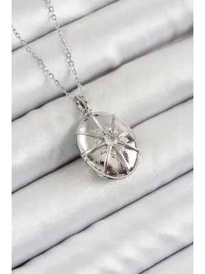 316L Çelik Zincir Açılabilir Madalyon Model Zirkon Taşlı Gümüş Renk Kadın Kolye