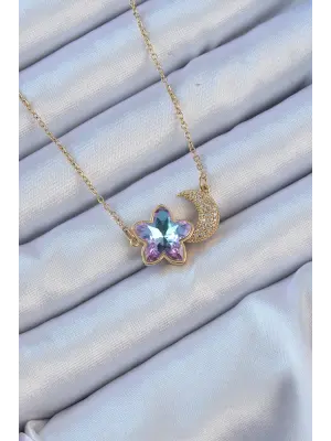  Zincir Altın  Ay Tasarımlı li Zirkon Taşlı Çiçek Çelik Kolye