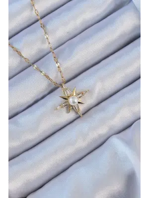  Zincir Altın  Baget Taşlı İnci Detay Kutup Yıldızı Çelik Kolye