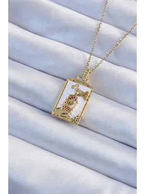  Zincir Altın  Beyaz Mineli Tarot Çelik Kolye