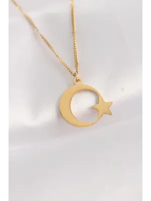  Zincir Altın  Düz Plaka Ay Yıldız Çelik Kolye