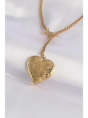  Zincir Altın  İçi Açılan Çiçek Desenli Kalp Çelik Kolye