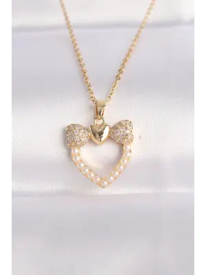  Zincir Altın  İnci Taş Detay Zirkon Taşlı Kalp Çelik Kolye