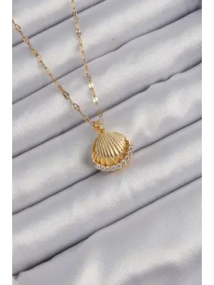  Zincir Altın  İncili Zirkon Taşlı İstiridye Çelik Kolye