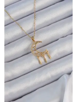  Zincir Altın  İşlemeli Zirkon Taşlı Ay Çelik Kolye