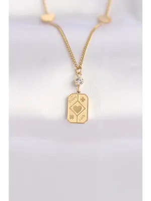  Zincir Altın  Kalp Detay Good Luck Yazılı Çelik Kolye