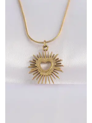  Zincir Altın  Kalp Güneşi Tasarımlı Çelik Kolye