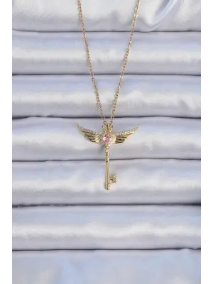  Zincir Altın  Kanatlı Pembe Zirkon Taşlı Anahtar Kalp Çelik Kolye