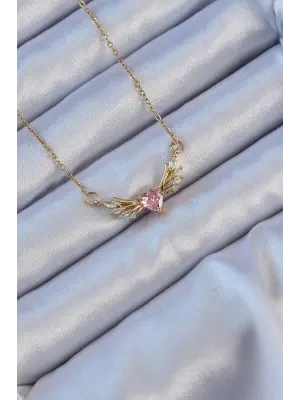  Zincir Altın  Kanatlı Pembe Zirkon Taşlı Kalp Çelik Kolye