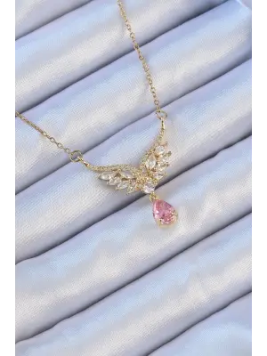  Zincir Altın  Kanatlı Zirkon Taş Figür Pembe Taşlı Damla Çelik Kolye