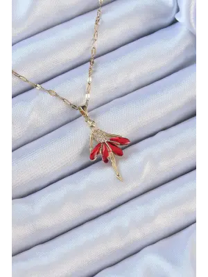  Zincir Altın  Kırmızı Etekli Zirkon Taşlı Balerin Çelik Kolye