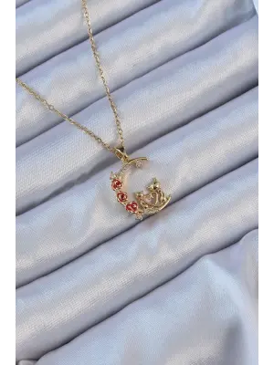  Zincir Altın  Kırmızı Gül Detay Kedi Figür Zirkon Taşlı Ay Çelik Kolye