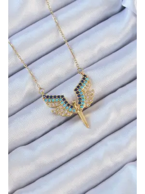  Zincir Altın  Mavi Zirkon Taşlı Mikail Meleği Çelik Kolye