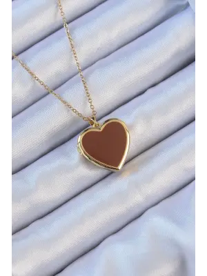  Zincir Altın  Mineli İçi Açılan Kalp Çelik Kolye