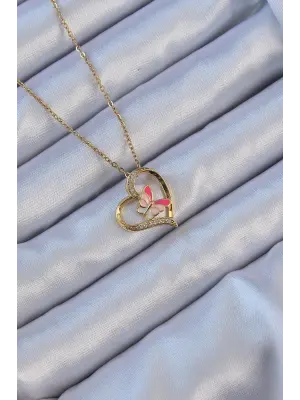  Zincir Altın  Mineli Kelebek Figür Zirkon Taşlı Kalp Çelik Kolye