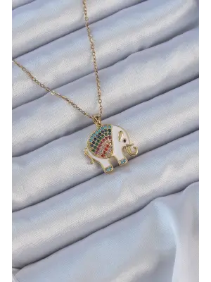  Zincir Altın  Mineli li Zirkon Taşlı Fil Çelik Kolye