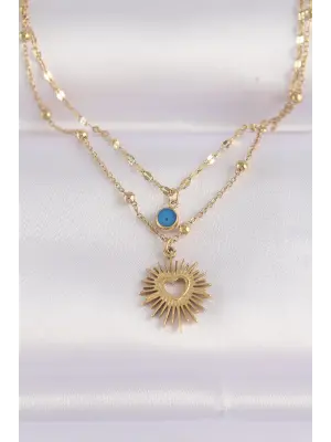  Zincir Altın  Nazar Boncuk Detay Kalp Güneşi Çelik Kolye