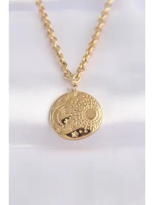  Zincir Altın  Oval Desenli Çelik Kolye
