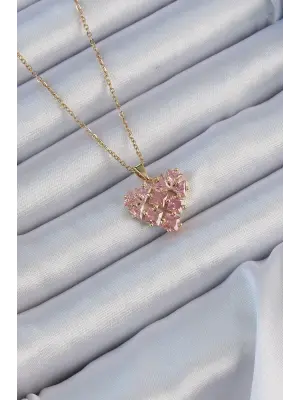  Zincir Altın  Pembe Parçalı Zirkon Taşlı Kalp Çelik Kolye