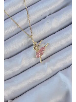  Zincir Altın  Pembe Zirkon Taşlı Balerin Çelik Kolye