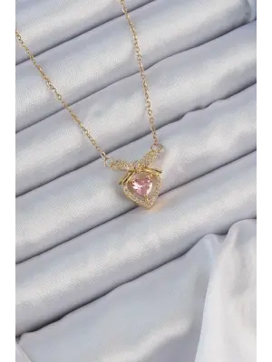  Zincir Altın  Pembe Zirkon Taşlı Fiyonklu Kalp Çelik Kolye