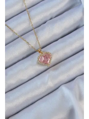  Zincir Altın  Pembe Zirkon Taşlı Kalp Çelik Kolye