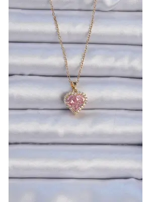  Zincir Altın  Pembe Zirkon Taşlı Kalp Çelik Kolye