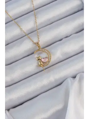  Zincir Altın  Pembe Zirkon Taşlı Kedili Ay Çelik Kolye
