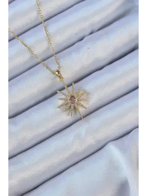  Zincir Altın  Pembe Zirkon Taşlı Kutup Yıldızı Çelik Kolye