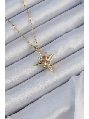  Zincir Altın  Pembe Zirkon Taşlı Kutup Yıldızı Çelik Kolye