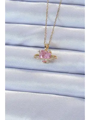  Zincir Altın  Pembe Zirkon Taşlı Satürn Görünümlü Kalp Çelik Kolye