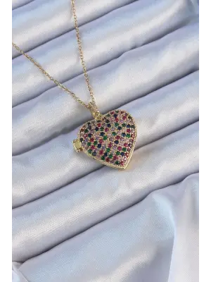  Zincir Altın  li Zirkon Taşlı İçi Açılan Bombeli Kalp Çelik Kolye