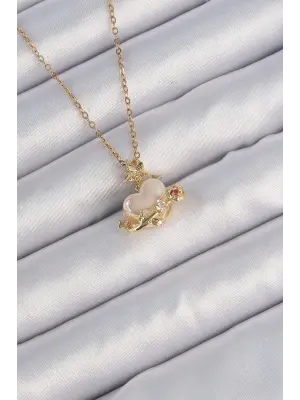  Zincir Altın  Sedefli Kalp Figür Zirkon Taşlı Gezegen Çelik Kolye