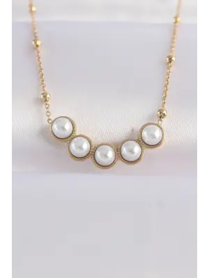  Zincir Altın  Sıralı İnci Taşlı Çelik Kolye