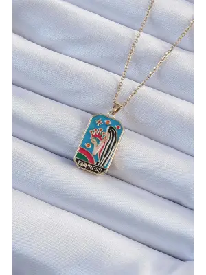  Zincir Altın  Taç ve Kız Figürlü li Mineli Tarot Çelik Kolye
