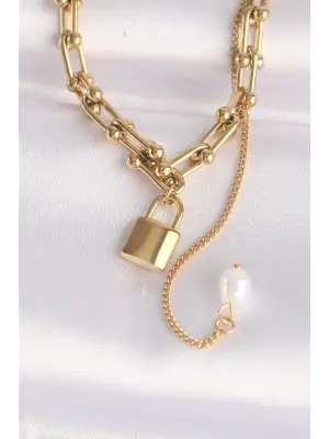  Zincir Altın  Tiffany Zincirli Love Yazılı Kilit Çelik Kolye