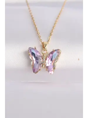  Zincir Altın  Zincir Lila Kelebek Model li Zirkon Taşlı Çelik Kolye