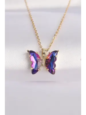  Zincir Altın  Zincir Mor Kelebek Model li Zirkon Taşlı Çelik Kolye