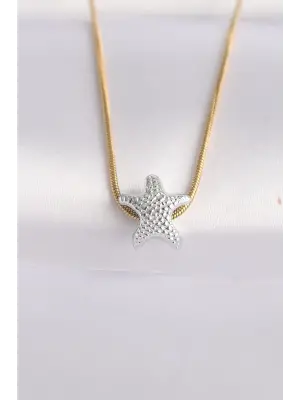  Zincir Altın  Zincirli Gümüş  Deniz Yıldızı Tasarımlı Çelik Kolye