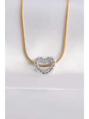  Zincir Altın  Zincirli Gümüş  Kalp Tasarımlı Çelik Kolye