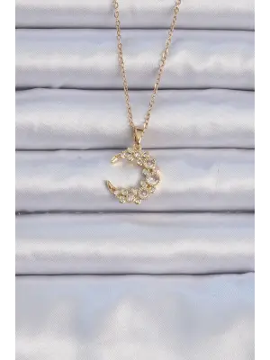  Zincir Altın  Zirkon Taşlı Ay Çelik Kolye