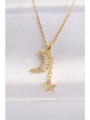  Zincir Altın  Zirkon Taşlı Ay Yıldız Çelik Kolye